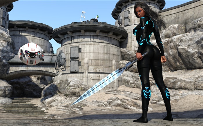 Future warrior, fantasy girl, sword, robot, desert Wallpapers Pictures Photos Images