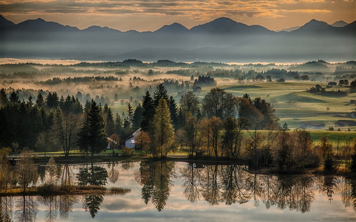 Germany, Bayern, autumn, trees, lake, houses, fog, morning Wallpapers Pictures Photos Images