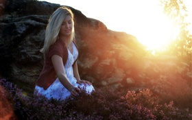 Girl in the morning, light, sunrise, flowers HD wallpaper