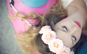 Girl sleep, flowers, roses, wreath HD wallpaper