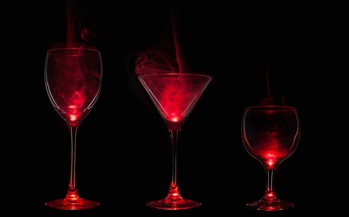 Glass cups, smoke, red light, darkness Wallpapers Pictures Photos Images