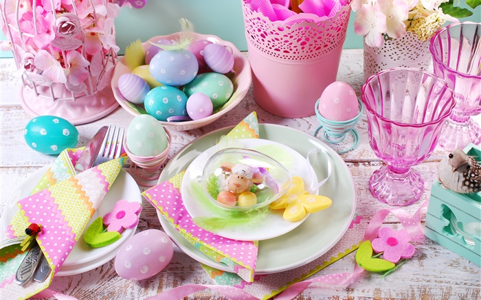 Happy Easter, decoration, colorful eggs, cups, flowers, spring Wallpapers Pictures Photos Images