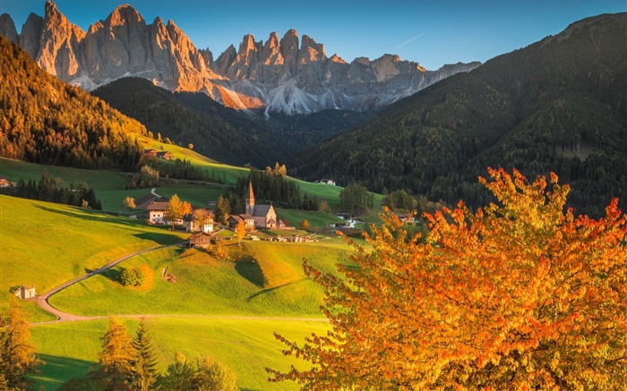 Italy, Dolomites, mountains, forest, trees, houses, sunset, autumn Wallpapers Pictures Photos Images