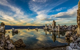 Lake, rocks, clouds, dusk HD wallpaper