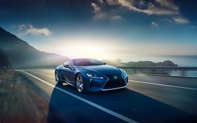 Lexus LC blue car speed, road, sunset HD wallpaper