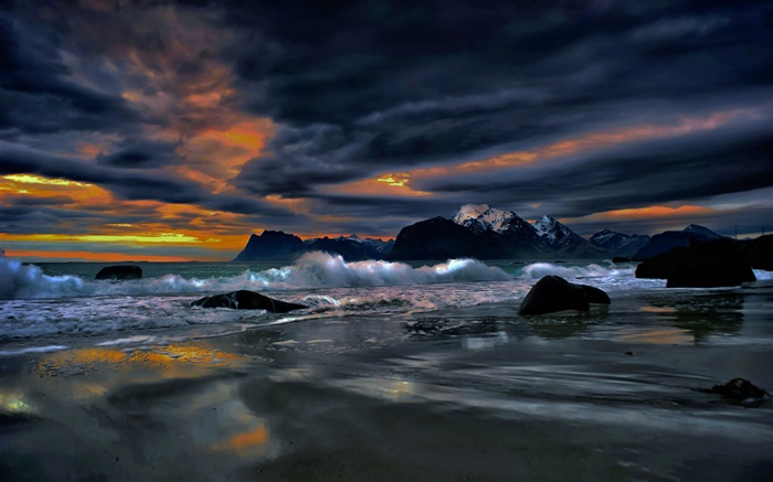 Lofoten Islands, Norway, shore, coast, sea, stones, evening, clouds Wallpapers Pictures Photos Images