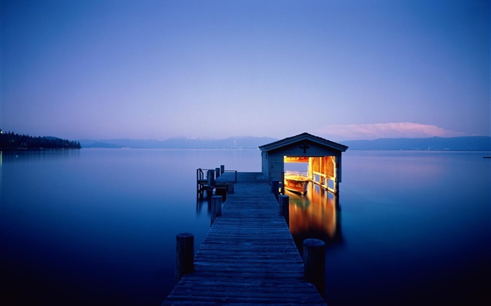 Night, lake, dock, house, boat, lights Wallpapers Pictures Photos Images