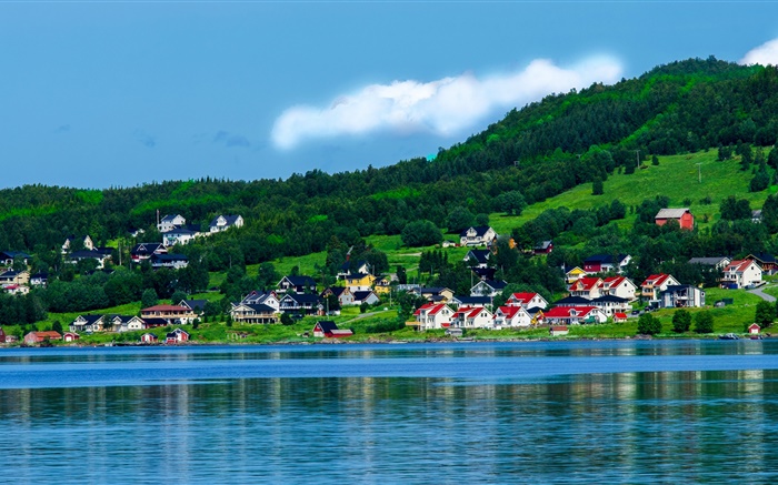 Norway, bay, houses, trees, mountains, blue sky, clouds Wallpapers Pictures Photos Images
