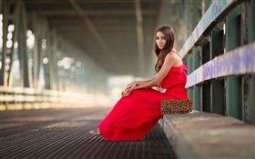 Red dress girl, sitting, fashion, bridge HD wallpaper