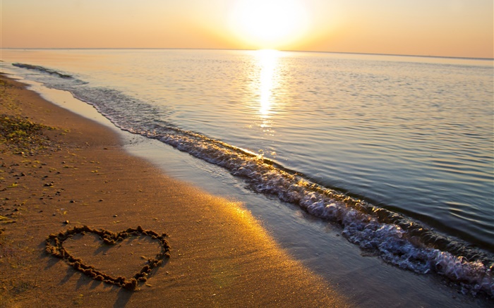 Sand beach, sea, sunset, love heart shaped Wallpapers Pictures Photos Images