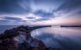 Sea, stones, coast, clouds, evening HD wallpaper