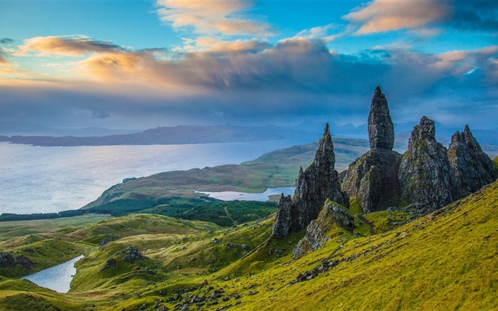 Skye, Scotland, rocks, valley, lake, clouds, dusk Wallpapers Pictures Photos Images