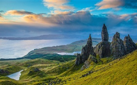 Skye, Scotland, rocks, valley, lake, clouds, dusk HD wallpaper