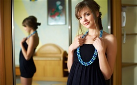 Smile girl, pearl necklace, mirror