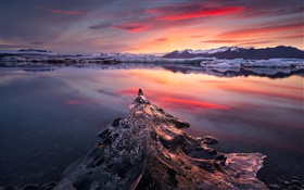 Sunrise, lake, ice, winter, mountains, dawn