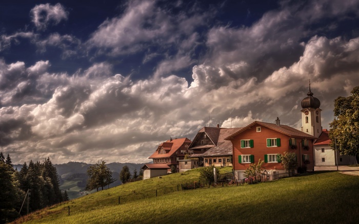 Switzerland, Heiligkreuz, house, slope, trees, clouds Wallpapers Pictures Photos Images