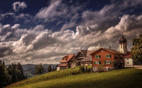 Switzerland, Heiligkreuz, house, slope, trees, clouds
