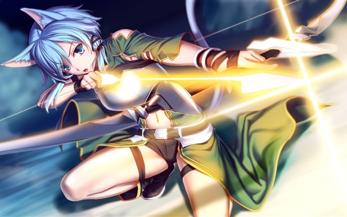 Sword Art Online, blue anime hair girl, bow, light Wallpapers Pictures Photos Images