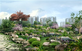 3D design, city park, house, stones, flowers, grass