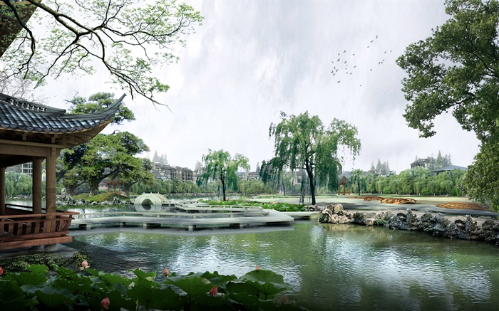 3D design, park, lake, pavilion, trees, bridge Wallpapers Pictures Photos Images