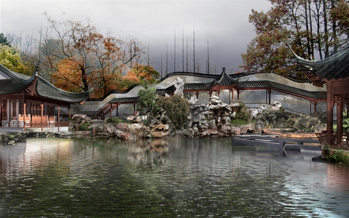 3D park design, lake, pavilion, trees, autumn Wallpapers Pictures Photos Images