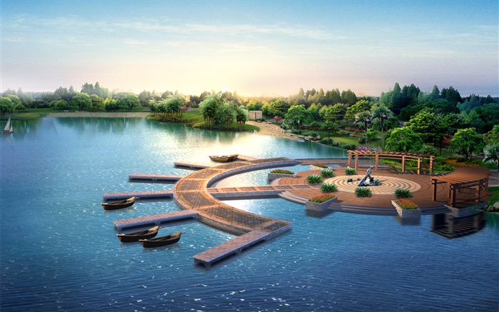 3D park design, render, pier, boats, trees, lake Wallpapers Pictures Photos Images
