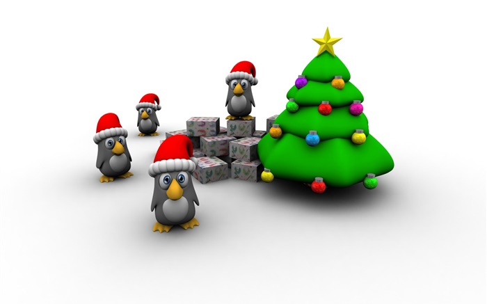 3D pictures, Christmas tree, penguin, gift box Wallpapers Pictures Photos Images