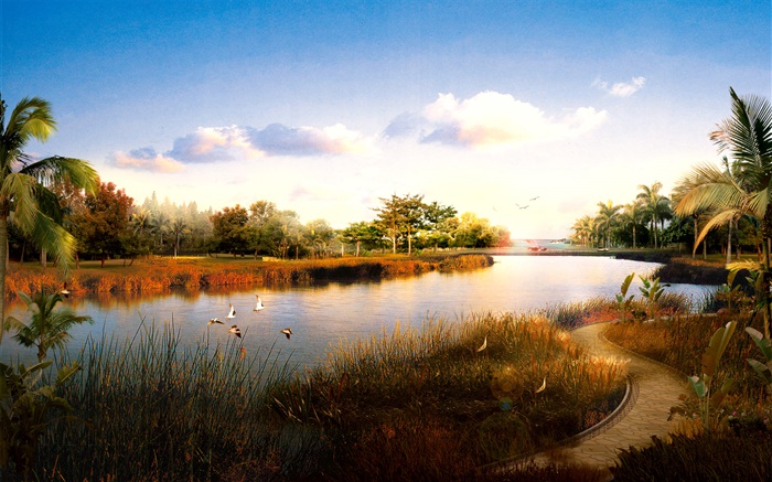 3D render landscape, river, grass, birds, palm trees, sunset Wallpapers Pictures Photos Images