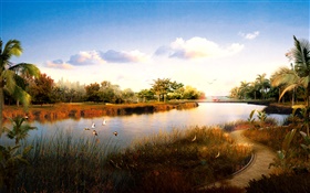 3D render landscape, river, grass, birds, palm trees, sunset