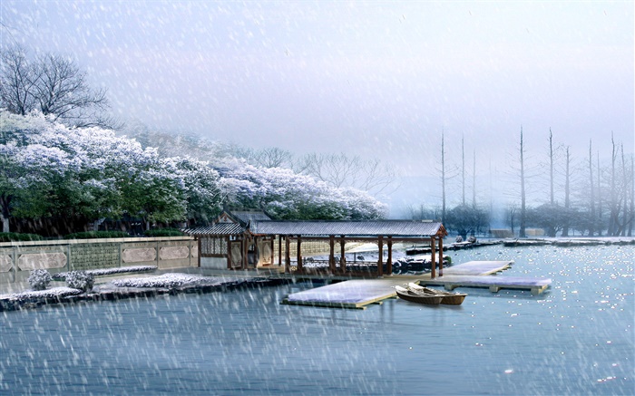 3D render scenery, dock, winter, snow, trees, river Wallpapers Pictures Photos Images
