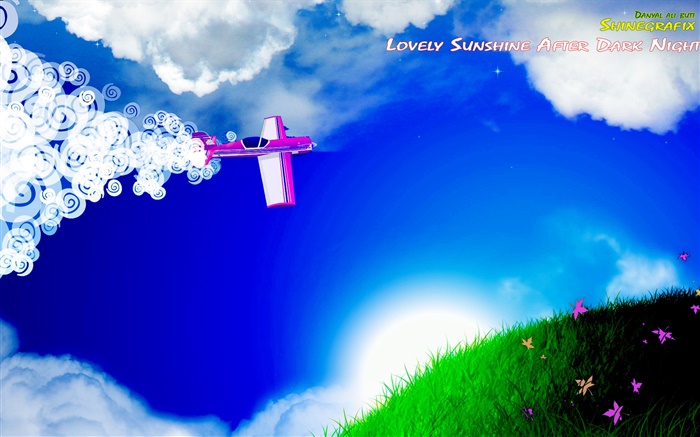 Aircraft, clouds, grass, flowers, sun, creative design Wallpapers Pictures Photos Images