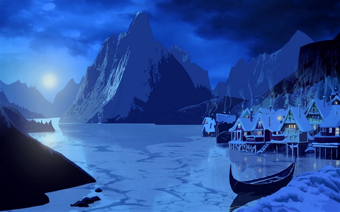 Art painting, snow, night, moon, house, mountains, boat, river Wallpapers Pictures Photos Images