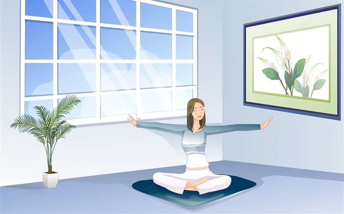 Asian girl doing yoga, window, room, vector pictures Wallpapers Pictures Photos Images