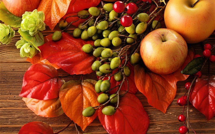 Autumn, fruits, leaves, berries, apples Wallpapers Pictures Photos Images