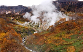 Autumn, mountains, trees, creek, smoke HD wallpaper