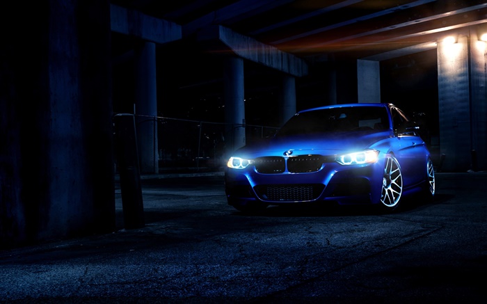 BMW blue car at night, lights Wallpapers Pictures Photos Images
