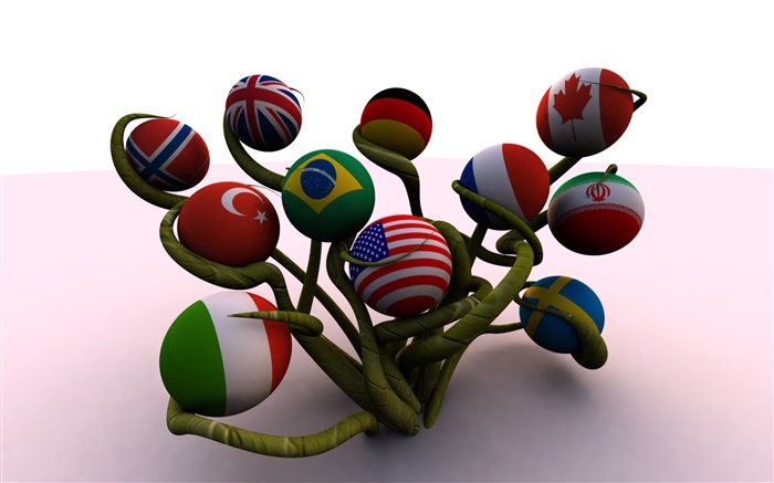 Ball shaped flags, tree, 3D creative Wallpapers Pictures Photos Images