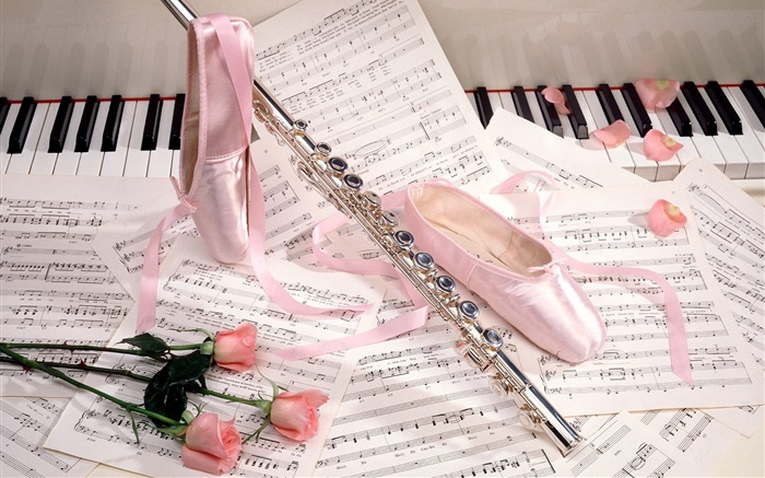 Ballet shoes, flute, pink roses, musical scores Wallpapers Pictures Photos Images