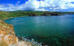Bay, blue sea, yacht, coast, clouds, Hawaii, USA HD wallpaper