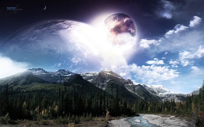 Beautiful art landscape, planets, space, mountains, river, trees Wallpapers Pictures Photos Images