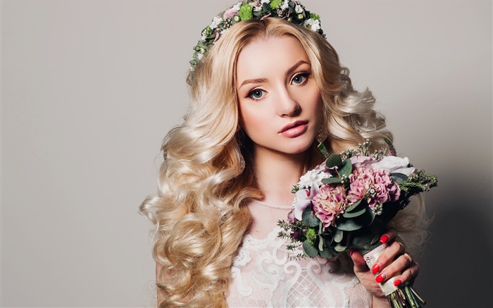 Beautiful blonde girl, curls, bouquet flowers, wreath Wallpapers Pictures Photos Images