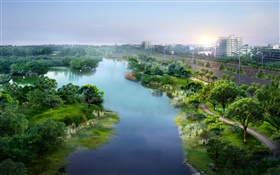 Beautiful city park, 3D design, river, trees, road, houses