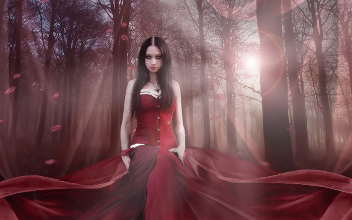 Beautiful fantasy girl, red dress, forest, sun Wallpapers Pictures Photos Images