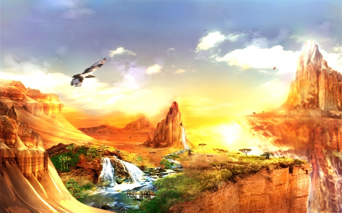 Beautiful landscape, desert, animals, mountains, creative design Wallpapers Pictures Photos Images