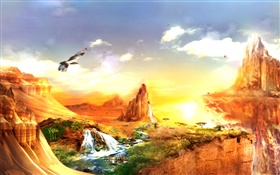 Beautiful landscape, desert, animals, mountains, creative design HD wallpaper