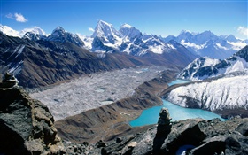 Beautiful landscape, mountains, river, snow HD wallpaper