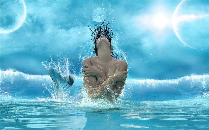 Beautiful mermaid, waves, moon, blue style, fantasy Wallpapers Pictures Photos Images