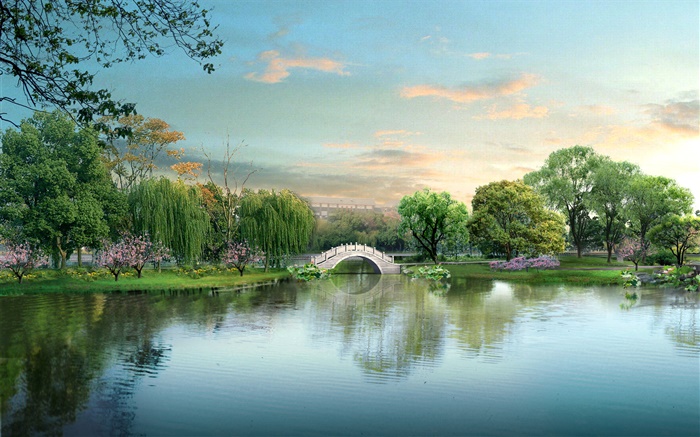 Beautiful park lake, bridge, trees, 3D design Wallpapers Pictures Photos Images