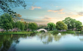 Beautiful park lake, bridge, trees, 3D design