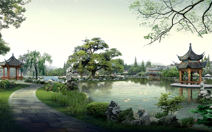 Beautiful park, lake, stones, pavilion, trees, path, 3D render design Wallpapers Pictures Photos Images